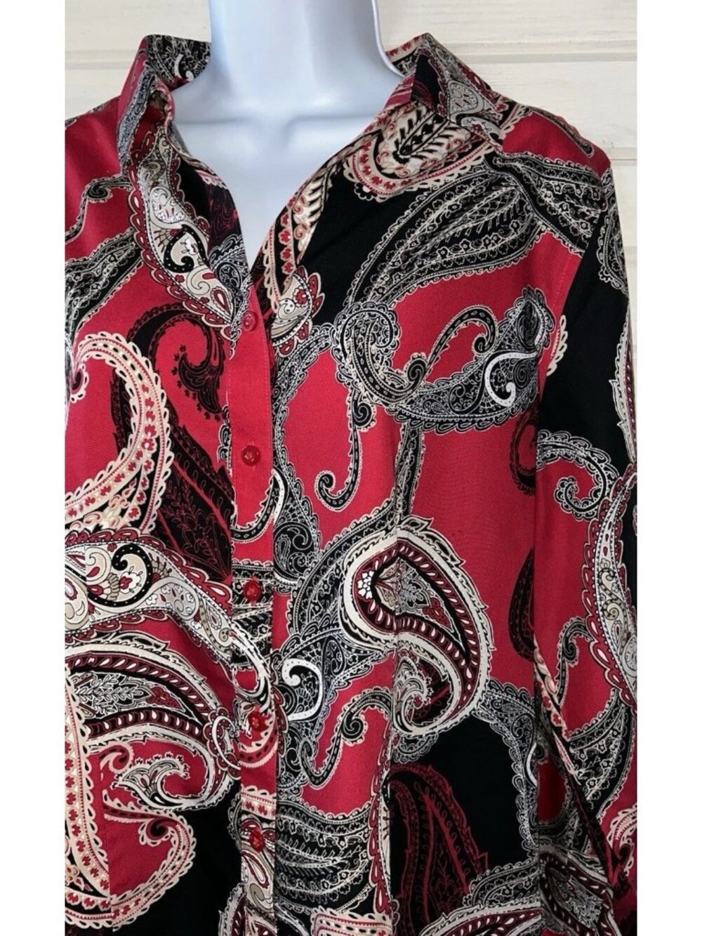 Chicos Sz 2 (LARGE) Cotton Effortless Chic Paisley Caroline Shirt Red Black EUC